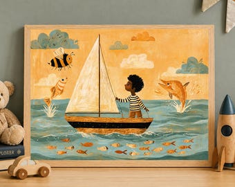 Żaglówka w stylu afrohemijskim do pokoju dziecięcego, marynistyczny wzór do pokoju dziecięcego, dekoracja pokoju dziecięcego w stylu afro boho, dekoracja pokoju dziecięcego w stylu afrocentrycznym, pobieranie cyfrowe