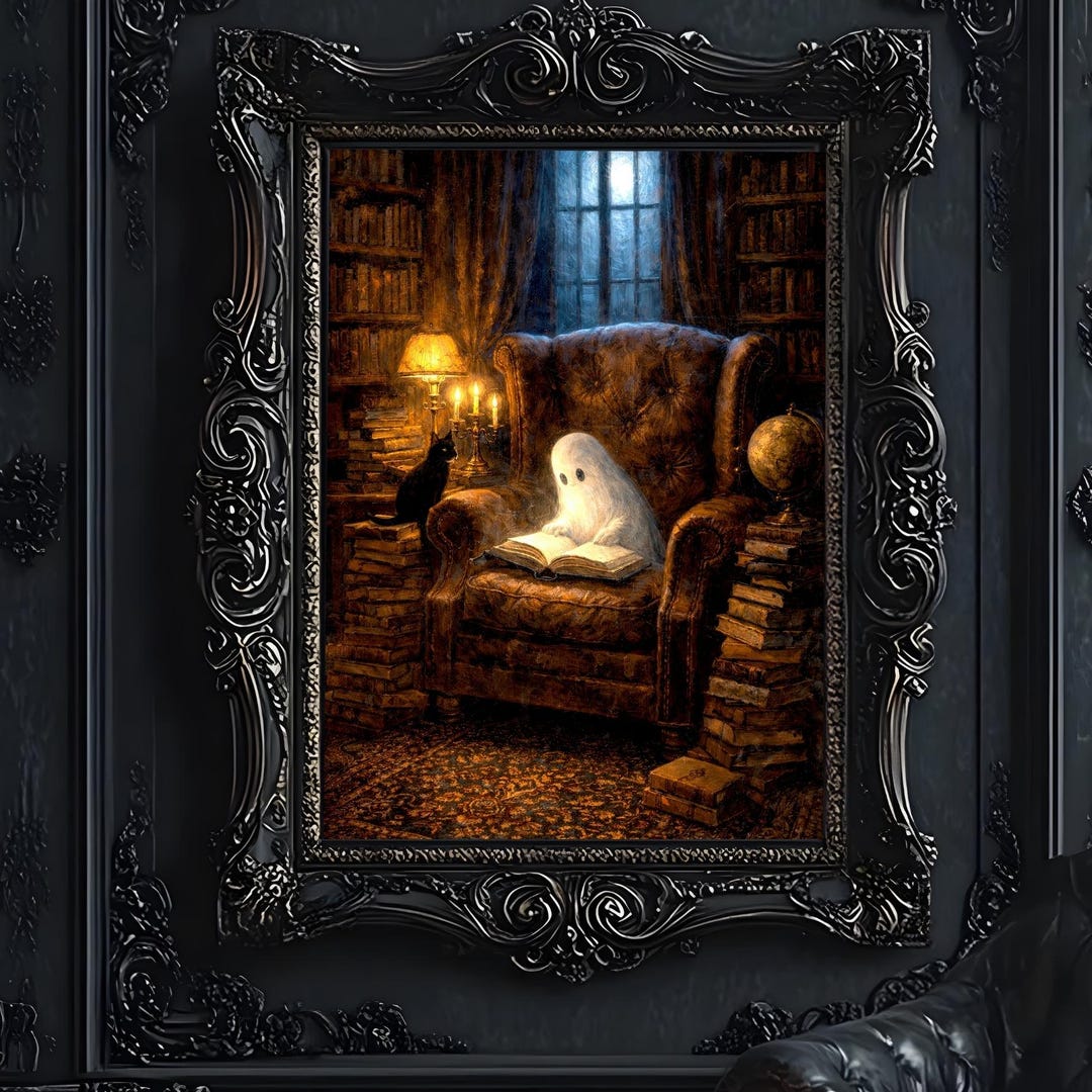 Ghost Reading - Dark Academia Print, Haunted Library Wall Art, Book ...