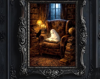 Czytanie z duchem – wydruk Dark Academia, nawiedzona biblioteka, dekoracja ścienna, wystrój dla miłośników książek, upiorny styl książkowy, plakat vintage