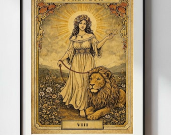 May include: A framed wall art print depicting the Strength tarot card. The illustration features a person wearing a floral crown and a long dress, holding an infinity symbol above a lion in a field of flowers, with the text STRENGTH and VIII.