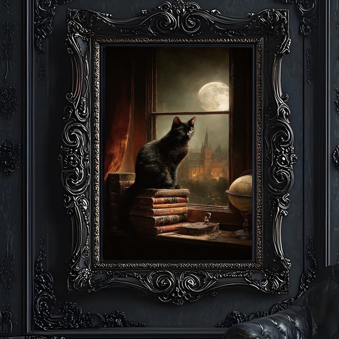 Dark Academia Cat Wall Art, Black Cat Library Print, Gothic Study Decor ...