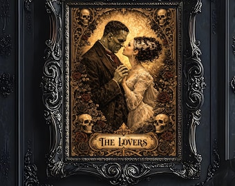 Frankenstein and Bride of Frankenstein: The Lovers Tarot Card, Dark Romance Gothic Wall Art