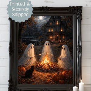 Spöken som rostar marshmallows, målning, kuslig konstaffisch, mörk akademia halloweendekor