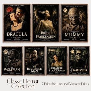 Universal Monsters-affischset | Affischer med klassiska skräckfilmsikoner | Halloween-väggkonst | Utskrivbart paket