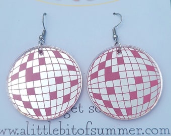 Pink Disco Ball earrings, pink earrings, mirrored earrings