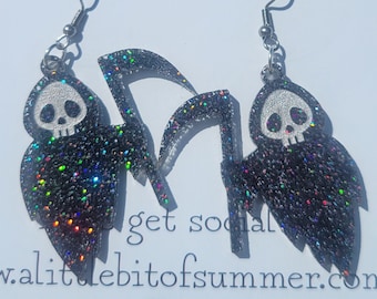 Holographic glitter Grim Reaper earrings, iridescent color changing earrings, Halloween earrings