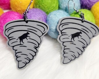 Hand painted Tornado with flying cow earrings, weather earrings, funny earrings