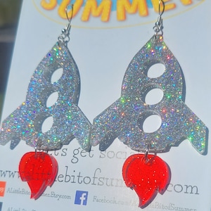 Blast off Iridescent Glitter Rocket Flame Dangle Earrings, Silver & Red Acrylic Statement Jewelry