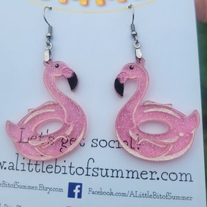 Glitter pink flamingo pool float earrings