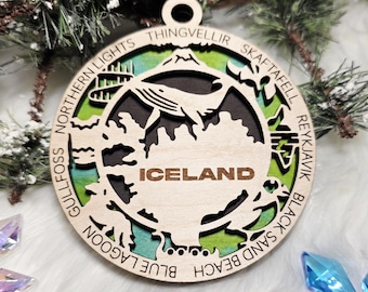 Iceland Vacation Christmas Ornament with whale, Iceland travel Ornament,  Reykjavik ornament