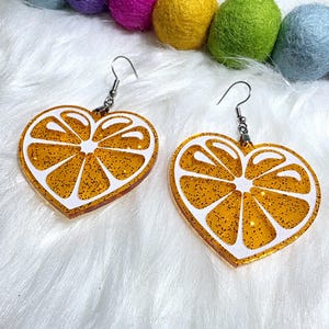 Glitter orange heart earrings, summer time earrings, Fruit earrings, citrus earrings