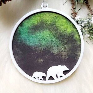Hand-painted Northern Lights  ornament, polar bear with cub ornament, Arctic ornament