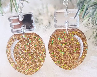 Pendientes de bombilla navideña con purpurina dorada holográfica, pendientes navideños bonitos, pendientes de bombilla navideña,
