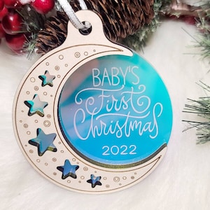 Iridescent holographic Baby&#39;s First Christmas ornament, Baby&#39;s first ornament,