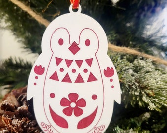 Hand-painted Nordic penguin ornament, Scandinavian penguin ornament, Folk art penguin ornament, penguin ornament