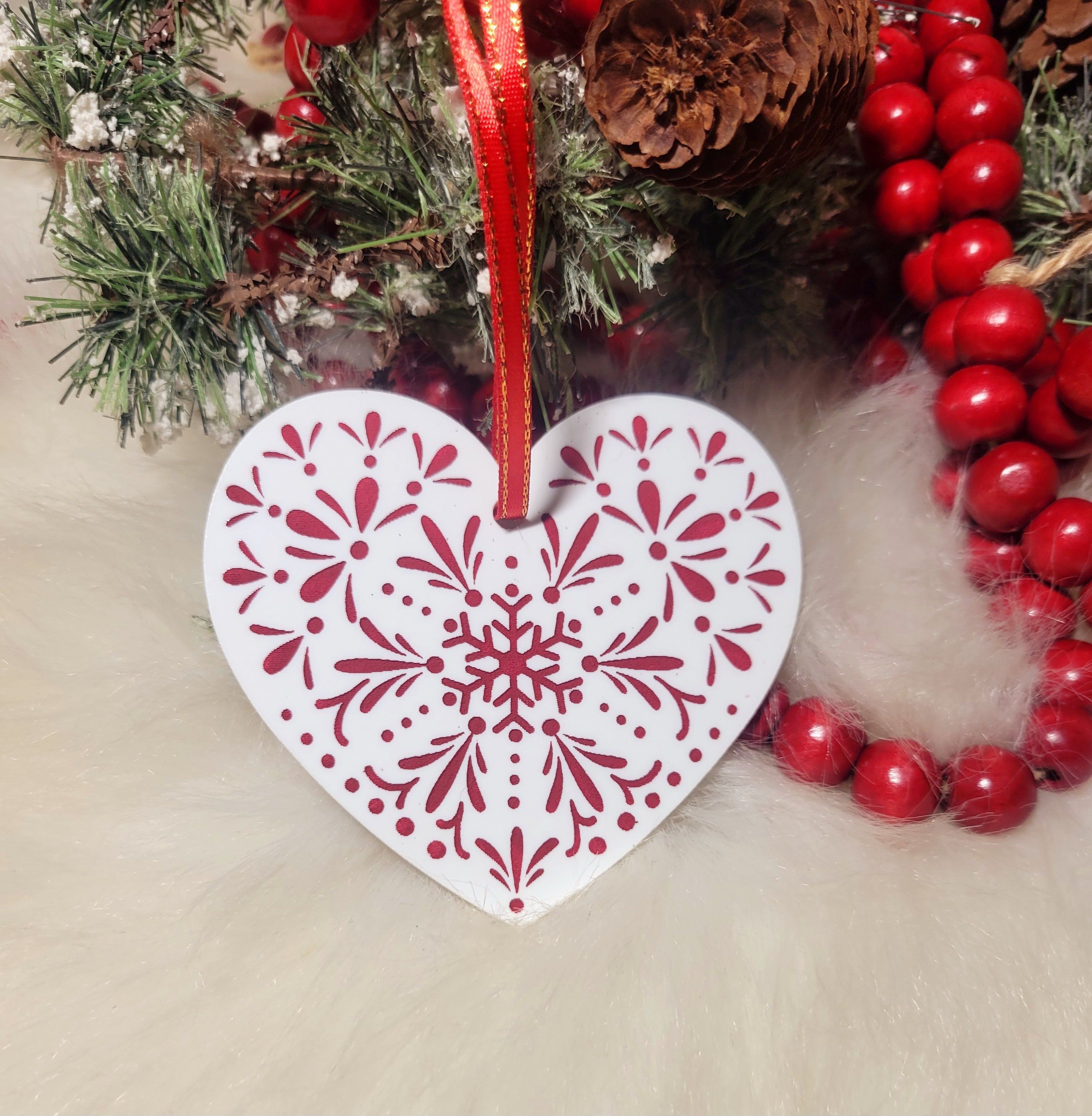 Hand-painted Nordic Christmas Heart Ornament, Scandinavian