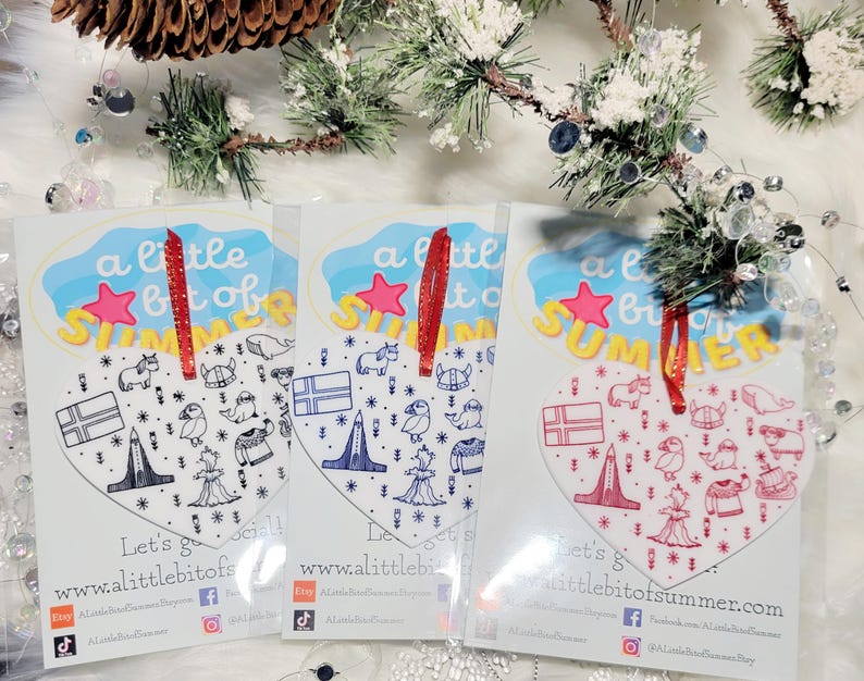Iceland Icons Acrylic Heart Ornament, Icelandic Doodle Ornament, Travel