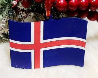 Iceland waving flag  hand-painted  ornament, Icelandic ornament, travel ornament, Reykjavik ornament