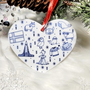 Adorno de corazón acrílico con iconos de Islandia, adorno de garabato islandés, adorno de viaje, adorno de Reykjavik, caballo islandés, frailecillo, volcán, foca