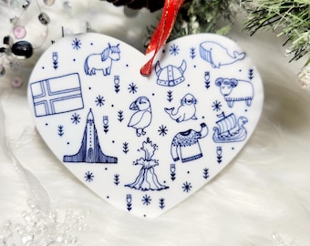 Iceland icons acrylic heart ornament, Icelandic doodle ornament, travel ornament, Reykjavik ornament, Icelandic horse, puffin, volcano, seal