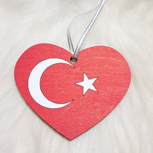 Adorno pintado a mano con la bandera de Turquía en forma de corazón, adorno turco, adorno de viaje, adorno de Estambul