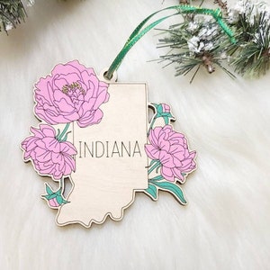 Indiana Christmas Ornament,  IN Ornament,   State Ornament, Hoosier State ornament, Indianapolis, Peony, Illinois magnet, Illinois souvenir