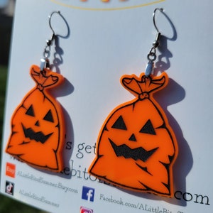 Retro Orange pumpkin trash bag earrings,  Acrylic pumpkin leaf trash bag earrings, Halloween earrings, funny Halloween earrings