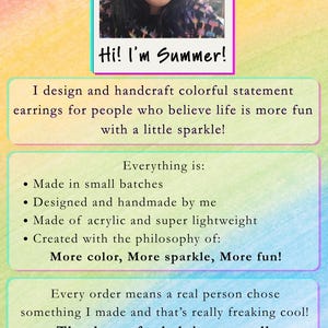 May include: A Meet the Maker graphic featuring a photo of a person with red and black hair, labeled Hi! I'm Summer! The text describes handmade acrylic statement earrings made in small batches. The bottom includes the logo a little bit of SUMMER.
