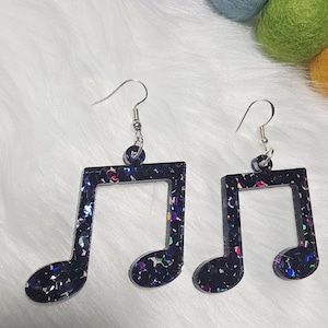 Music Note Earrings | Glitter & Matte Black Acrylic | Lightweight Statement Earrings | Music Lover Gift | Festival Jewelry | Fun Quirky Earr