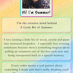 May include: A Meet the Maker graphic featuring a photo of a person with red and black hair, labeled Hi! I'm Summer! The text describes the creative process behind A Little Bit of Summer, mentioning wood, acrylic, and paint ornaments, with a logo at the bottom.