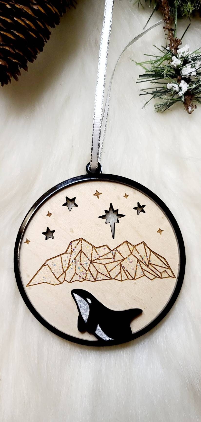 Hand-painted Orca Northern Lights  ornament with glacier, orca ornament, killer whale ornament, Arctic ornament