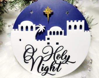 エレガントな 3 層アクリル「O Holy Night」オーナメント - キリスト降誕シーンのクリスマス装飾