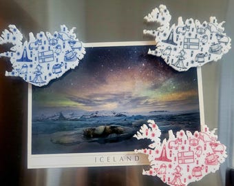 Imán acrílico con iconos de Islandia, imán con garabatos islandeses, imán de viaje, imán de Reykjavik, caballo islandés, frailecillo, volcán, foca, lopapeysa