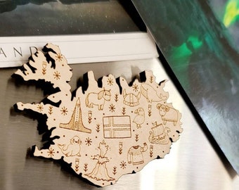 Imán con iconos de Islandia, imán con garabatos islandeses, imán de viaje, imán de Reykjavik, caballo islandés, frailecillo, volcán, foca, lopapeysa