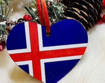 Adorno de corazón con la bandera de Islandia, pintado a mano, adorno islandés, adorno de viaje, adorno de Reikiavik.