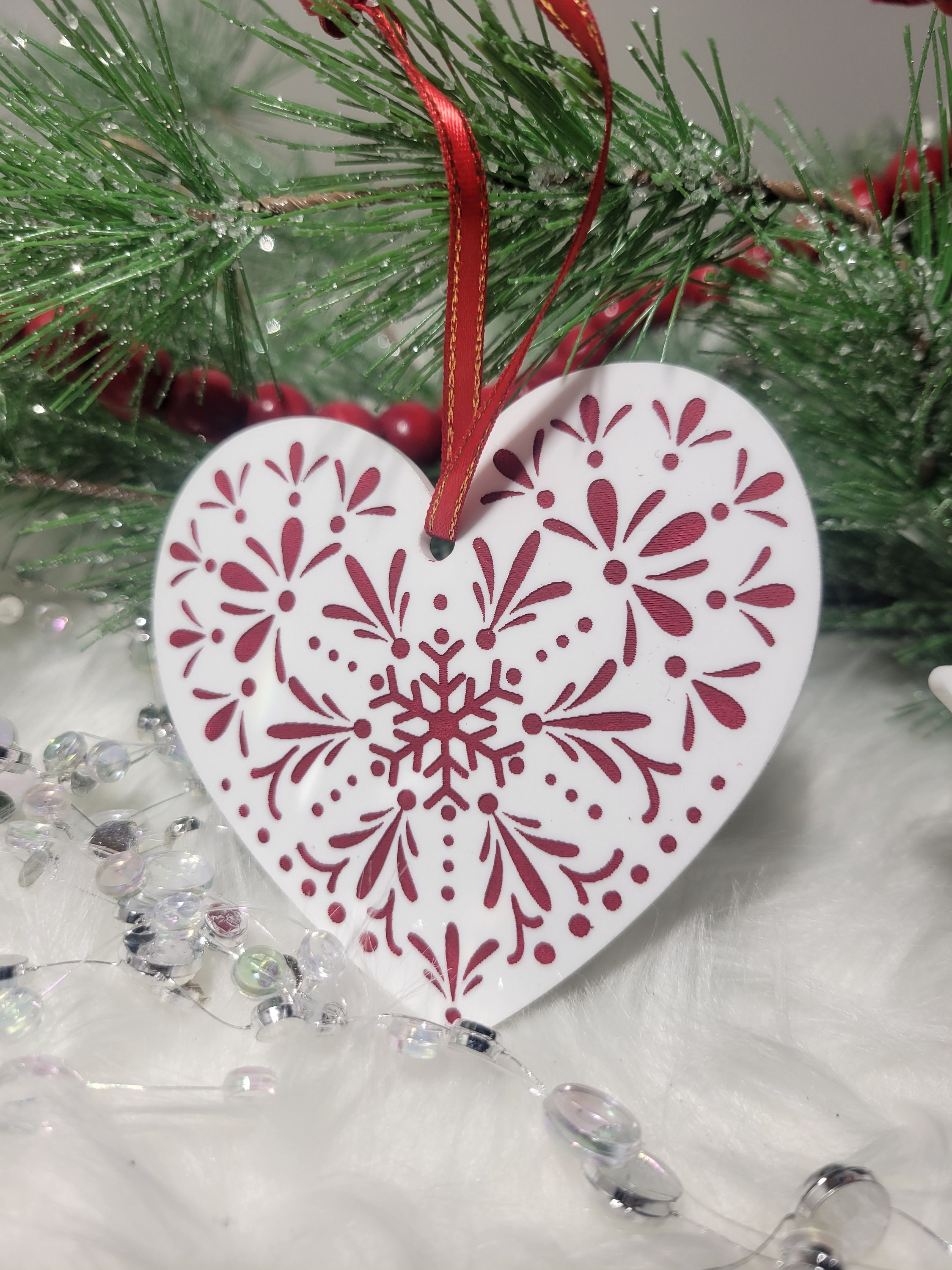 Hand-painted Nordic Christmas Heart Ornament, Scandinavian