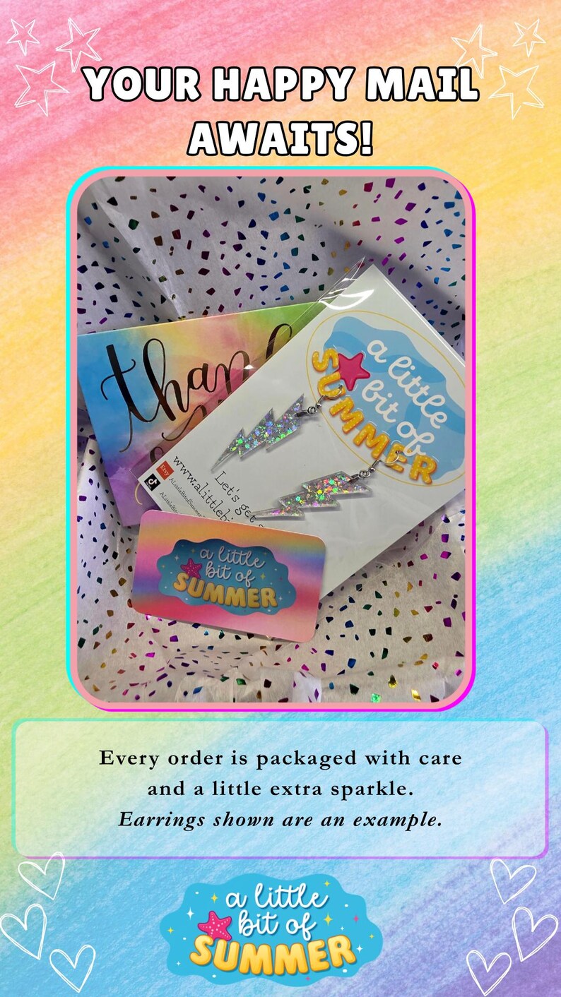 May include: A pair of silver lightning bolt earrings with a holographic glitter finish, packaged in a clear plastic sleeve with a card featuring the text a little bit of SUMMER and a small rectangular business card with the same text.
