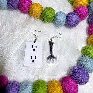 Mismatched funny earrings, fork and outlet earrings, quirky earrings