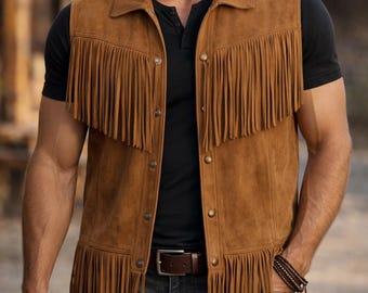Handgemaakt suèdeleren vest met franje – westerncowboy biker, cadeau voor hem