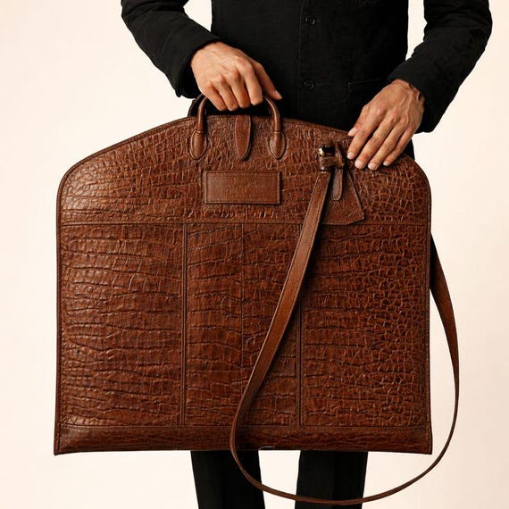 Personalized Brown Crocodile Embossed Leather Suit Carrier, Handmade Garment Bag