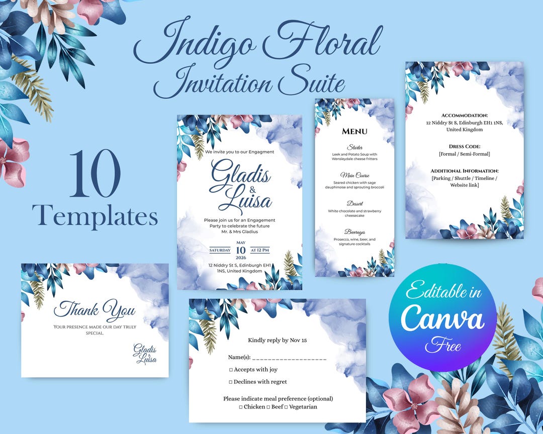 Indigo Watercolor Floral Event Invitation Bundle | Wedding, Baptism ...