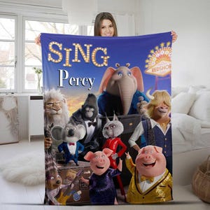Manta personalizada de Sing Pig, manta personalizada con nombre de Pig Singer, ropa de cama temática, regalo de cumpleaños de la película Sing