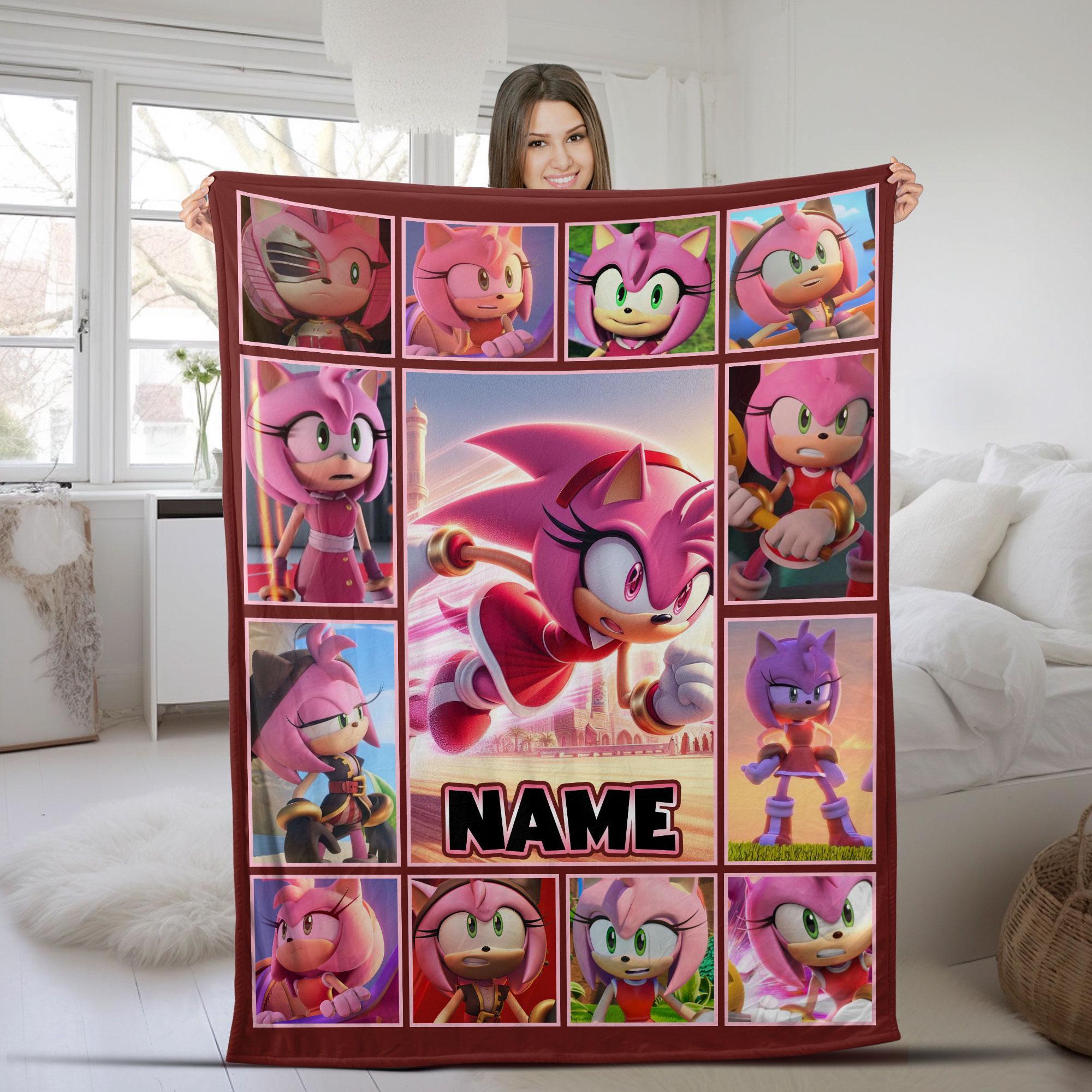 Personalized Cartoon Hedgehog Blanket, Custom Name Amy Rose Blanket, Gift For Kids Birthday