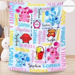 Personalized Watercolor Blue Clues Blanket, Custom Name Blue Dog Fleece Blanket, Kid Birthday Gifts