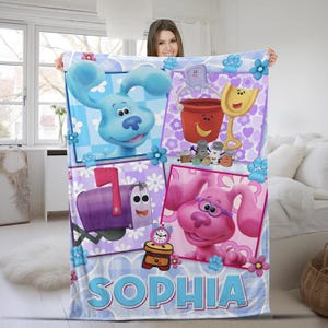 Personalized Watercolor Blue Clues Blanket, Custom Name Blanket, Blue Dog Fleece Blanket, Gift For Kids