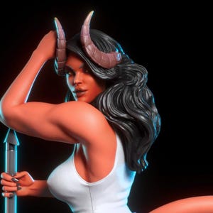 May include: A 3D-rendered figurine of a female demon with dark hair, horns, and a tail. She wears a white tank top and blue denim shorts. She holds a large sword with a pink and blue design. The figurine is set against a black background.