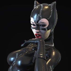 May include: A bust of a character in a black catsuit with white stitching. The character wears a black mask with cat ears and has red lipstick. The character is licking their lips and has a seductive expression.
