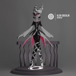 以下が含まれることがあります： 白髪と角を持つキャラクターの様式化されたフィギュア。黒と白のドレスにピンクのアクセント。幾何学的なデザインのプラットフォームに立っています。「ALDO OBERLIN DISEÑADOR」の文字が見えます。