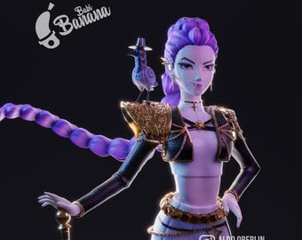 May include: A 3D rendered figure of a woman with purple hair and a stylized outfit. She wears a black jacket with gold accents, a white top, and white shorts. A small bird figure sits on her shoulder. The image includes the text "Babi Banana" and "ALDO OBERLIN DISEÑADOR".
