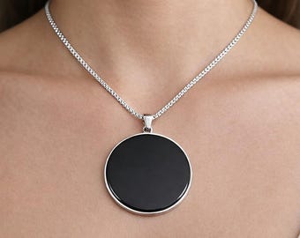 Black Obsidian Necklace, Scrying Mirror Necklace, Big Pendant Necklace, Obsidian Circle, Stainless Steel Necklace
